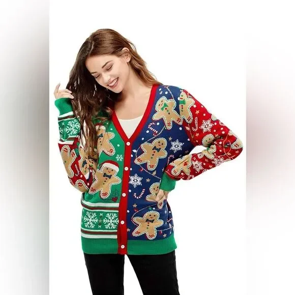 You Look Ugly Today Gingerbread Rocks Holiday Party Ugly Cardigan Sweater XL - Picture 3 of 13